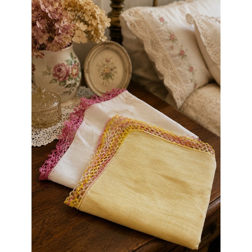 Vintage Linen Handkerchief Set 2 Tatting Lace Trim‎ Pink Yellow Wedding Hankies